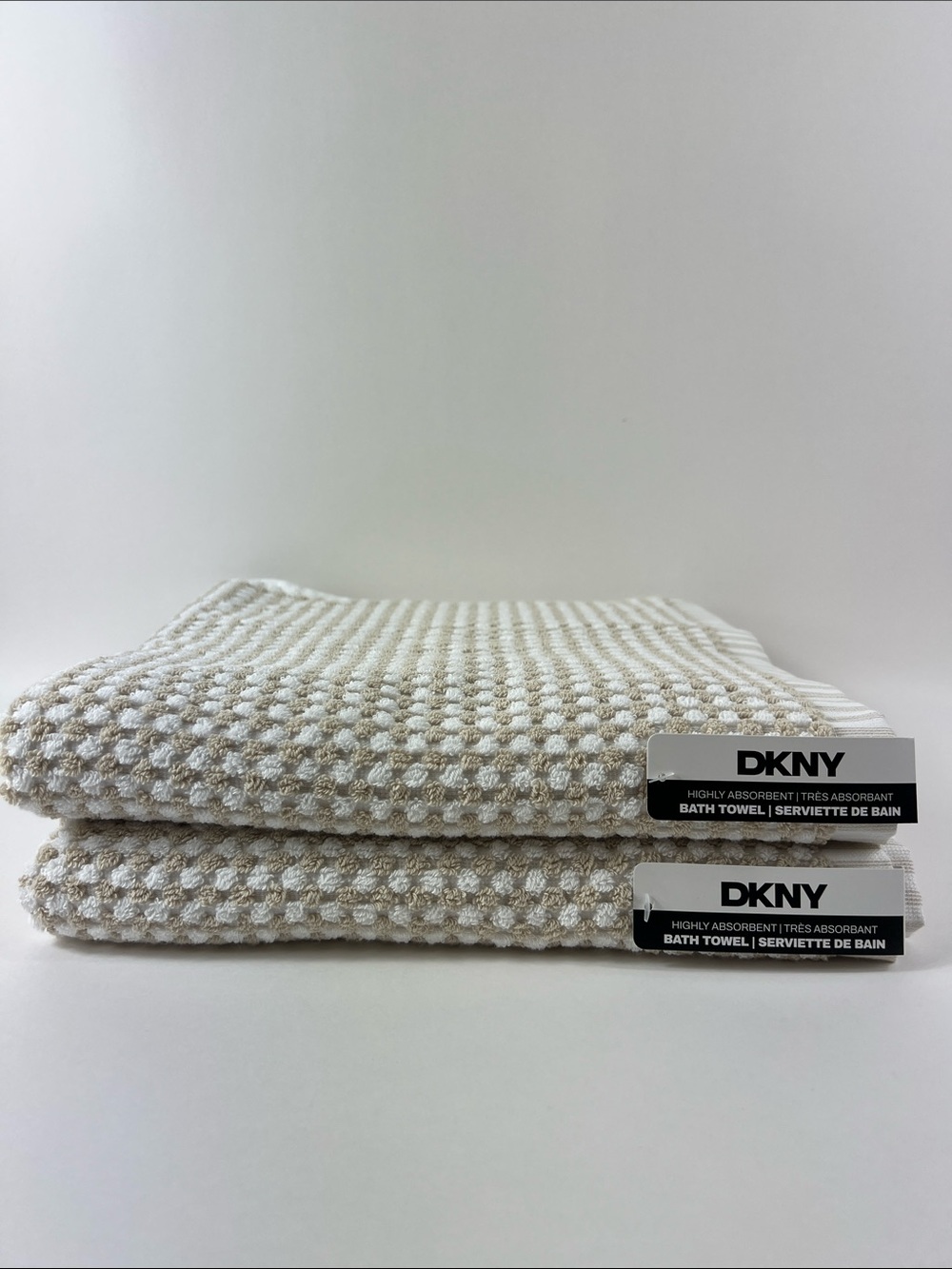 DKNY Bath Towels Tan White Textured Dots 2 Soft Cotton 2 Pc Set NEW